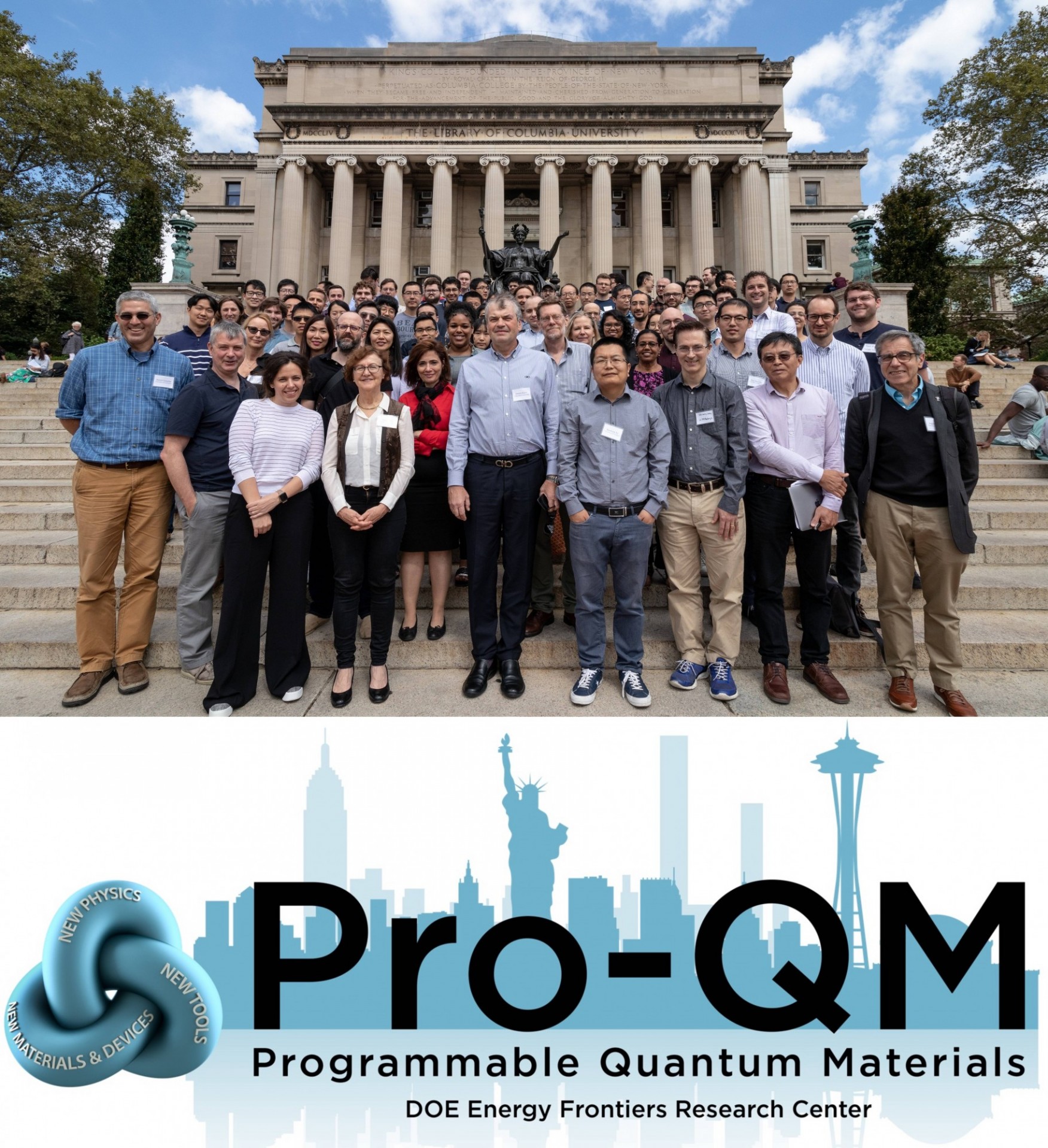 Image of researchers in front of Low Library with the Pro-QM Center's logo 