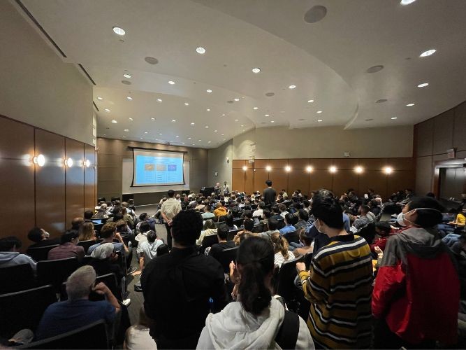 Columbia's Davis Auditorium at Columbia University filled with people for the seminar from John Preskill, Richard P. Feynman Professor of Physics at the California Institute of Technology, 
