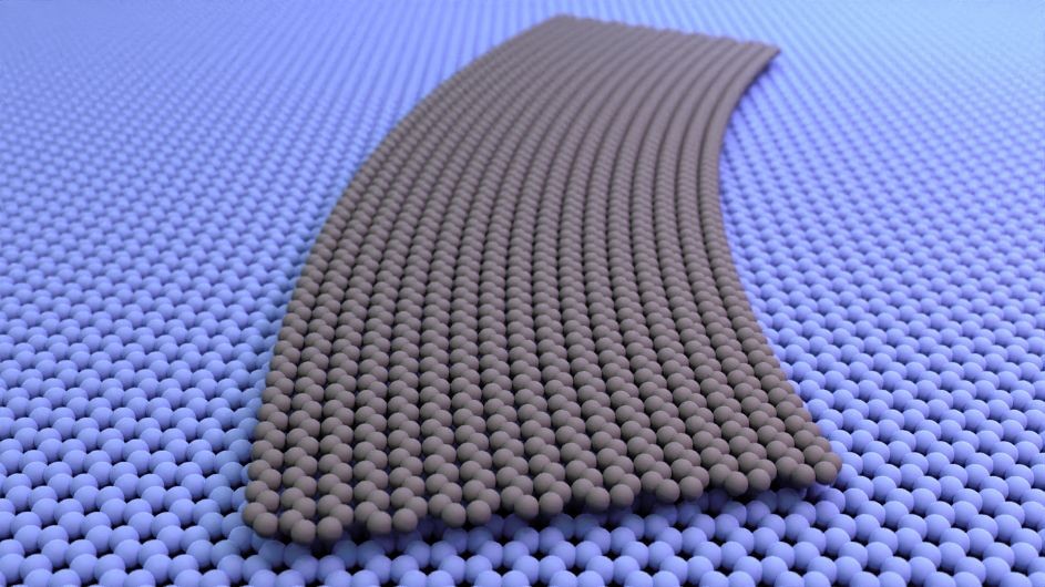 A grey "ribbon" of graphene is laid on top of a blue layer. The atomic lattice is visible in both