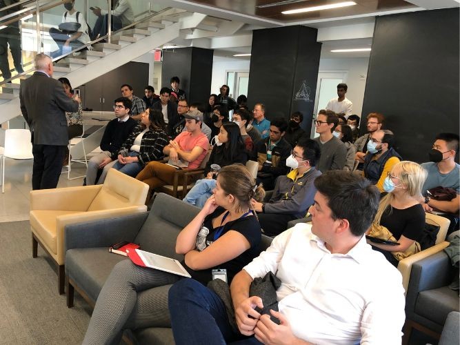 John Preskill, Richard P. Feynman Professor of Physics at the California Institute of Technology, addressing the crowd in the Center for Theoretical Physics in Pupin Hall, following his Columbia Quantum Initiative Distinguished Speaker lecture.