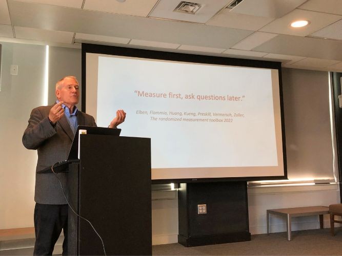 John Preskill, Richard P. Feynman Professor of Physics at the California Institute of Technology, in front of his lecture at the Center for Theoretical Physics in Pupin Hall at Columbia University.