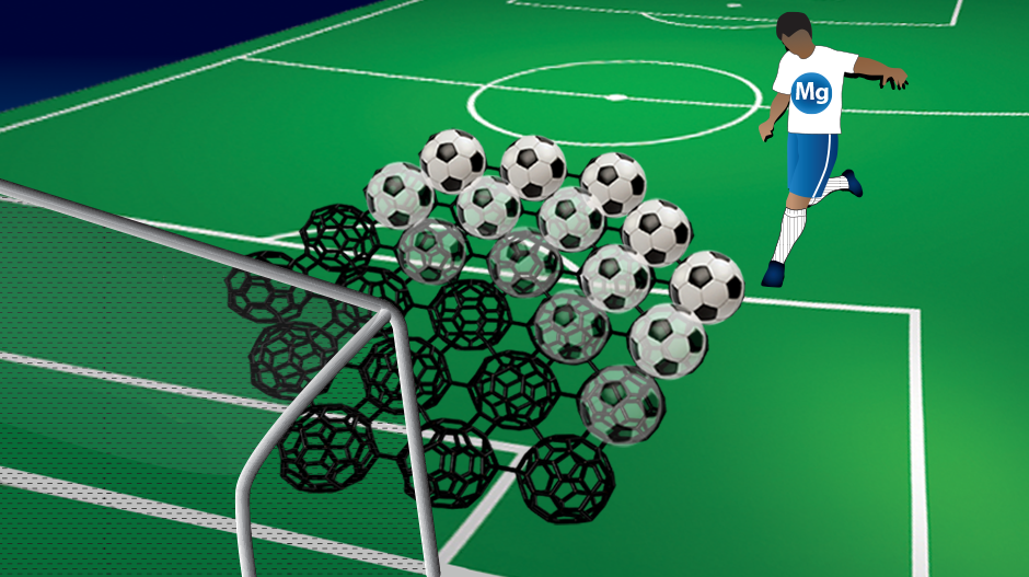 Illustration of soccer player kicking a graphullerene sheet on a soccer field.