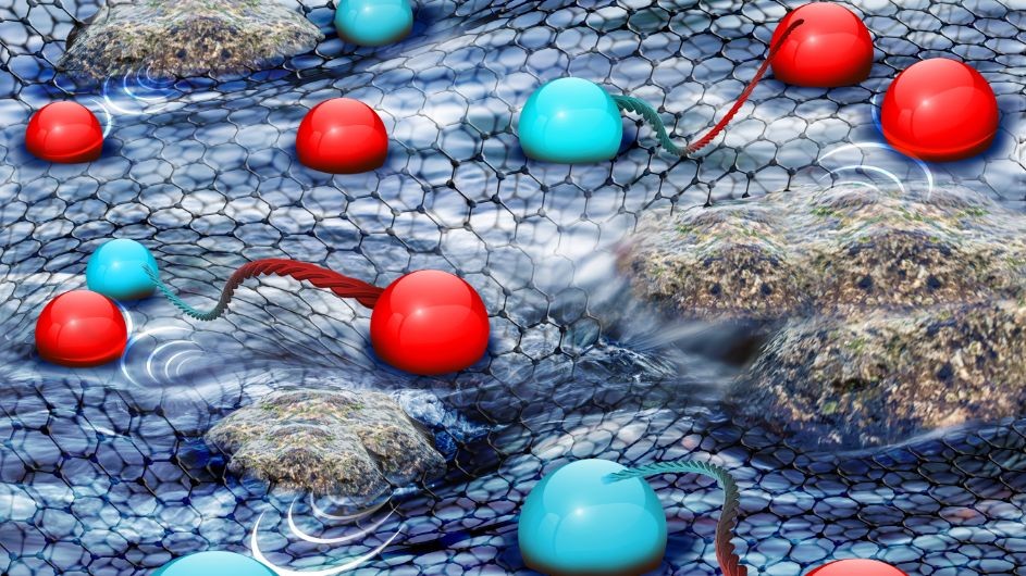 Graphene lattice overlaid with water and red and blue balls representing electrons flowing around obstacles. 