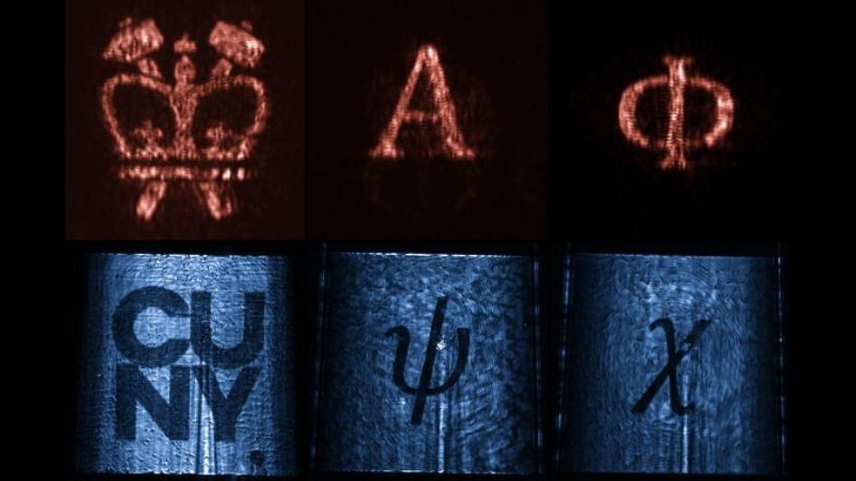 Holographic images of Columbia and CUNY logos and Greek letters created by the new device. 