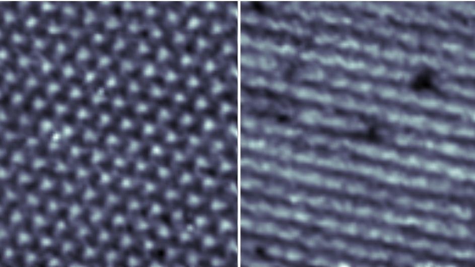 Spectroscopy images of twisted double bilayer graphene with a triangular lattice, left, and in a striped nematic phase