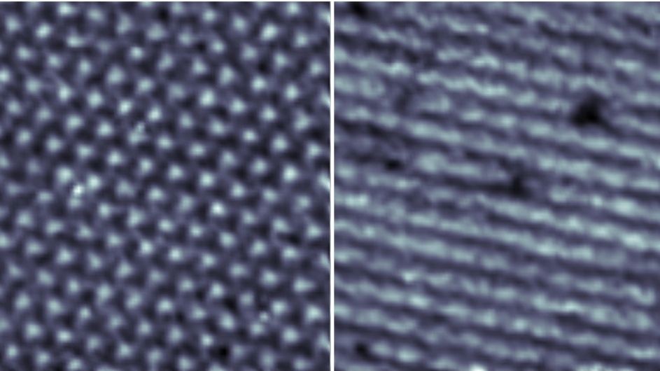 Two 200 nm-wide spectroscopy images of a sample of twisted double bilayer graphene. The left depicts the triangle lattice of the moiré material, which has three-fold symmetry and can be rotated 120 degrees any direction without changing the image. The second image was taken at a different energy level and can now only be rotated 180 degrees. The emergence of stripes reflects this broken rotational symmetry and indicates a nematic phase. Credit: Carmen Rubio-Verdú Spectroscopy images of twisted double bilayer graphene with a triangular lattice, left, and in a striped nematic phase