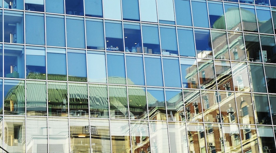 Pupin Hall reflected in the Northwest Corner Building at Columbia University