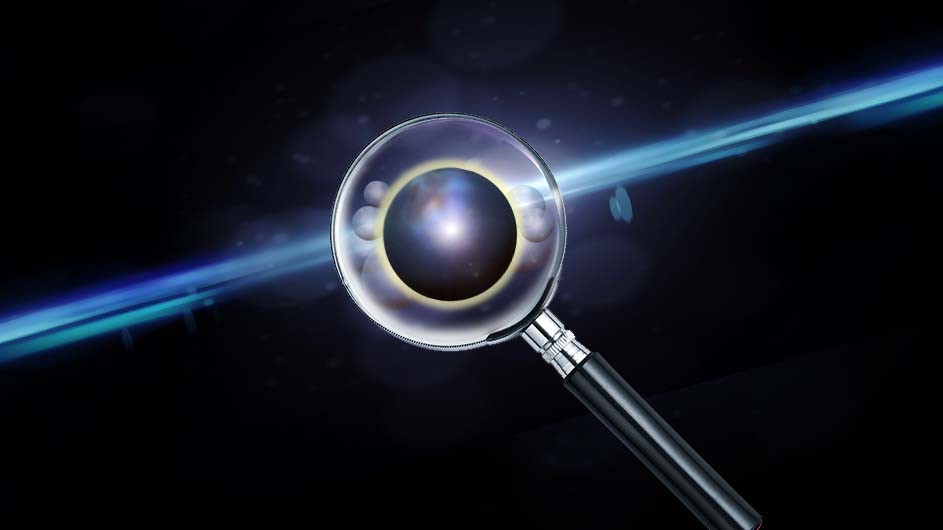 A magnifying glass "magnifying" a photon from a laser beam
