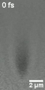 The Delor lab recently captured this image of propagating quasiparticles called polaritons, which are combinations of light and matter, over about 1,000 femtoseconds. Black and white image of polaritons, which appear as a black spot that grows over about 1000 femtoseconds.