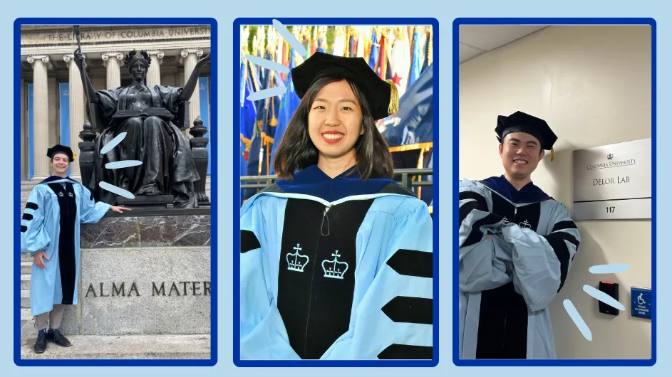 Headshots of Morgan, Valerie, and Ding wearing Columbia graduation gowns