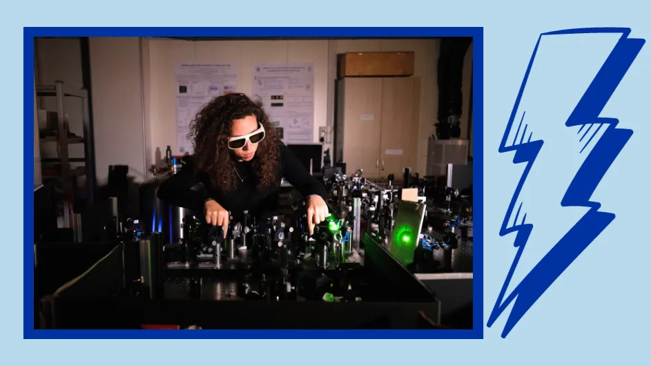 Chiara at an optical table with a blue lightning bolt