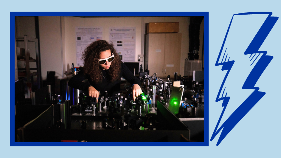 Chiara at an optical table with a blue lightning bolt