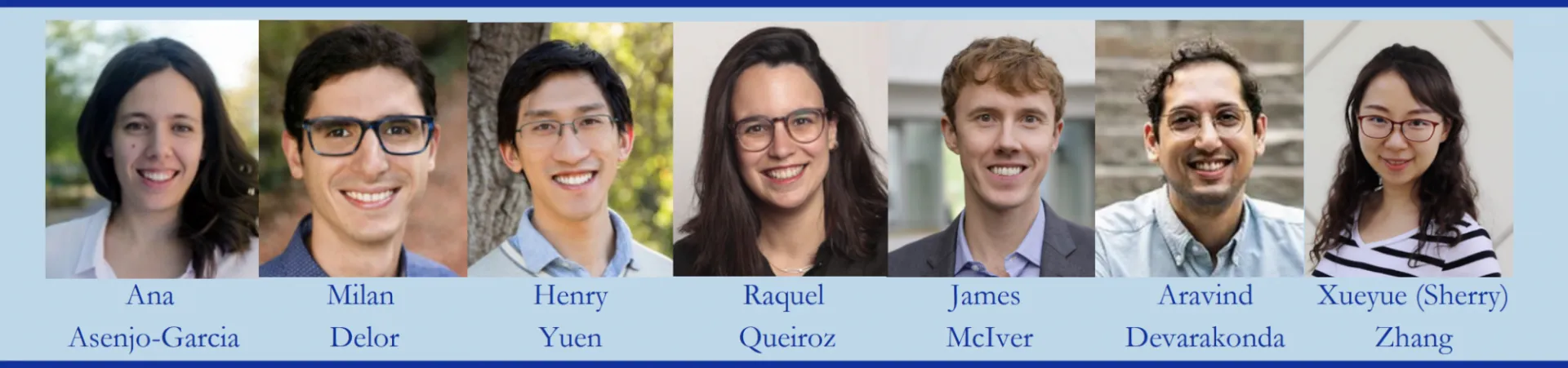 Headshots of the seven new faculty members. Ana Asenjo-Garcia, Milan Delor, Henry Yuen, Raquel Queiroz, James McIver, Aravind Devarakonda, and Xueyue (Sherry) Zhang