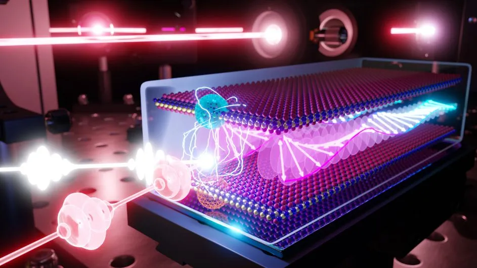 Illustration of magnons linking to excitons to produce easily detectable light. 