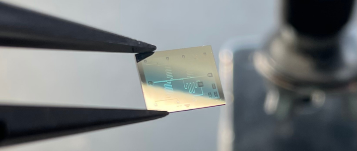 A 1-centimeter-wide test chip with superconducting microwave-frequency circuitry to probe 2D material qubits. Close up of one of Balgley's chips