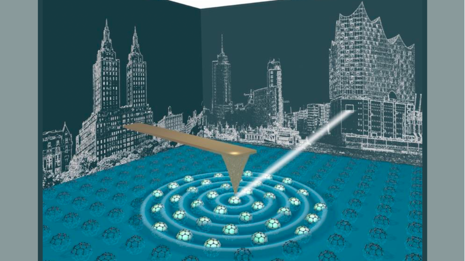New York and Hamburg skylines with an AFM tip creating water ripples