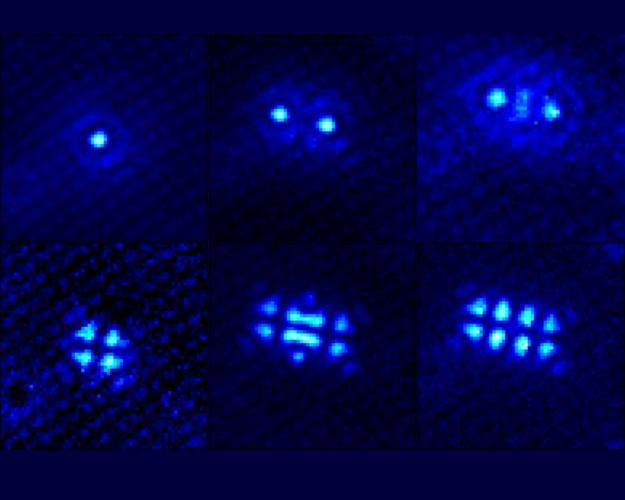 Spectroscopic images of defects in Pd5AlI2, a 2D metal. These defects show remarkably localized states called bound states in the continuum. Normally, bound states cannot exist within the continuum of states in metals, but in the case of Pd5AlI2, hopping frustration leads to a special form of interference that localizes these states. These states look eerily like d-orbitals and s-orbitals of single atoms, hinting at some quantum properties of these atom-like defect states. Atom-like defect states in insulators have been proposed for quantum information technology and as quantum sensors for scientific research, but have not been seen in metals before our work at Columbia. What's even cooler to me is that two defects close to each other form bonding and antibonding like patterns, leading to the images you see here, which look like molecular orbitals! This also shows that we can potentially control the quantum properties of these defects by making them bond. --Morgan Thinel Spectroscopic images