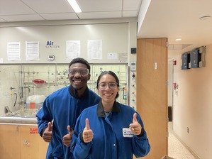 Columbia MRSEC REU Student Quentin Taylor with his Columbia mentor Saya Okuno, a PhD student working with Colin Nuckolls. Quentin and his mentor in safety gear at Columbia.