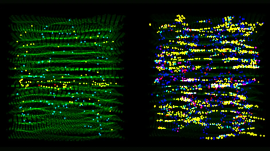 Two images of atomic networks in carbon, one simple and one more detailed 